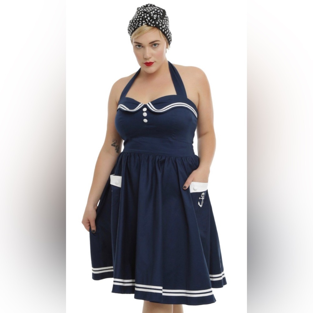 Hell Bunny Vixen plus size blue halter sailor dress